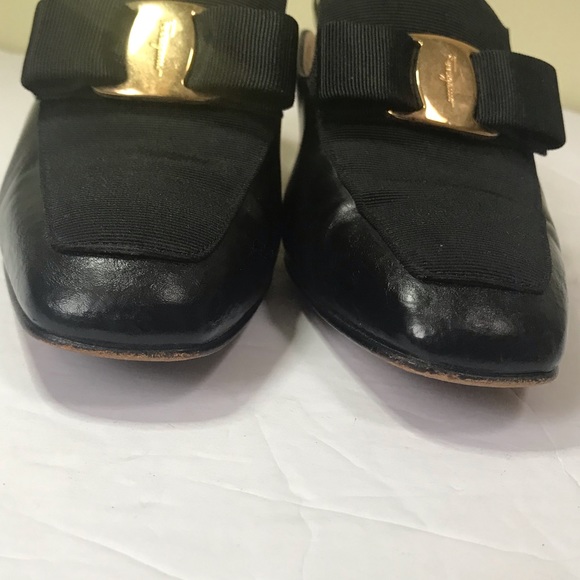 Salvatore Ferragamo Leather Mules Slides Vera Bow Heels Italy Black Gold logo - Picture 7 of 16